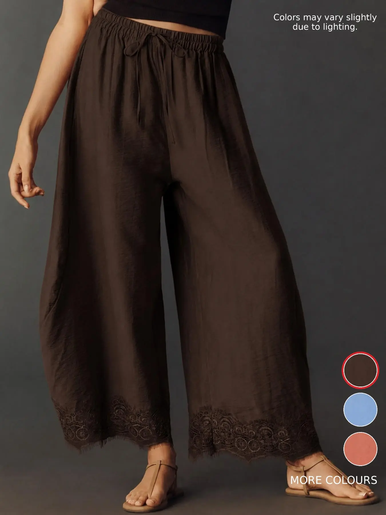Women's Bohemian Lace Hem Wide Leg Capri Pants, Elastic Drawstring High Waist Loose Fit Ankle Pants, Versatile Beach Vacation Daily Wear, Multiple Colors Available