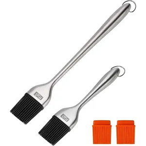 Basting Brush - Grilling BBQ Baking, Pastry and Oil Stainless Steel Brushes with Back up Silicone Brush Heads(Orange) for Kitchen Cooking & Marinating, Dishwasher