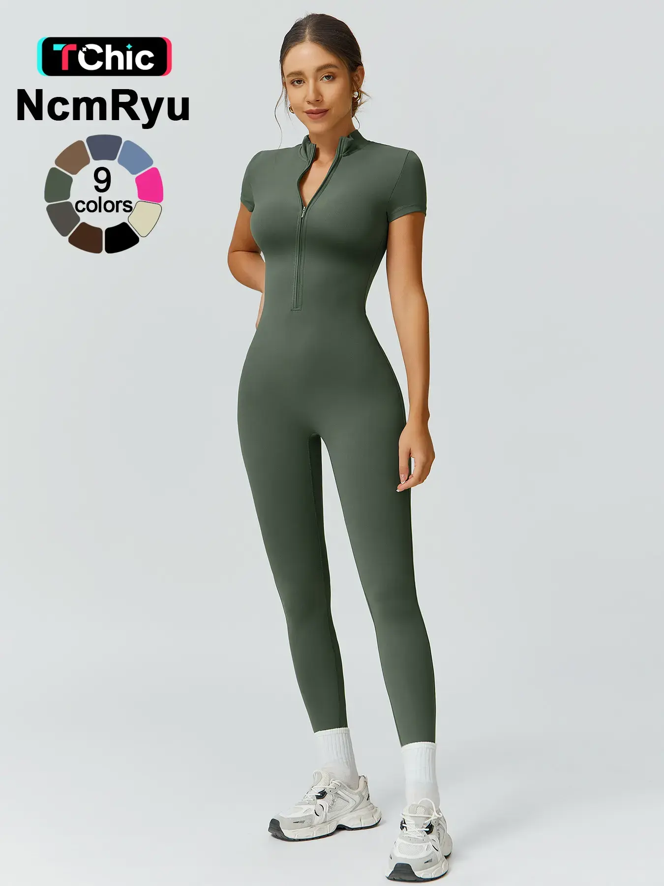 Women's High Elastic Collar Half-Zip Tight Waist & Hip Yoga Suit Outdoor Running, Cycling, Gym Training Short-Sleeved Pants Jumpsuit, Sports Jumpsuits