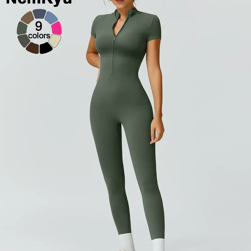 Women's High Elastic Collar Half-Zip Tight Waist & Hip Yoga Suit Outdoor Running, Cycling, Gym Training Short-Sleeved Pants Jumpsuit, Sports Jumpsuits