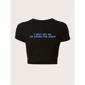 Letter Print Crew Neck T-Shirt, Y2K Short Sleeve Crop Tee For Spring & Summer, Women's Clothing