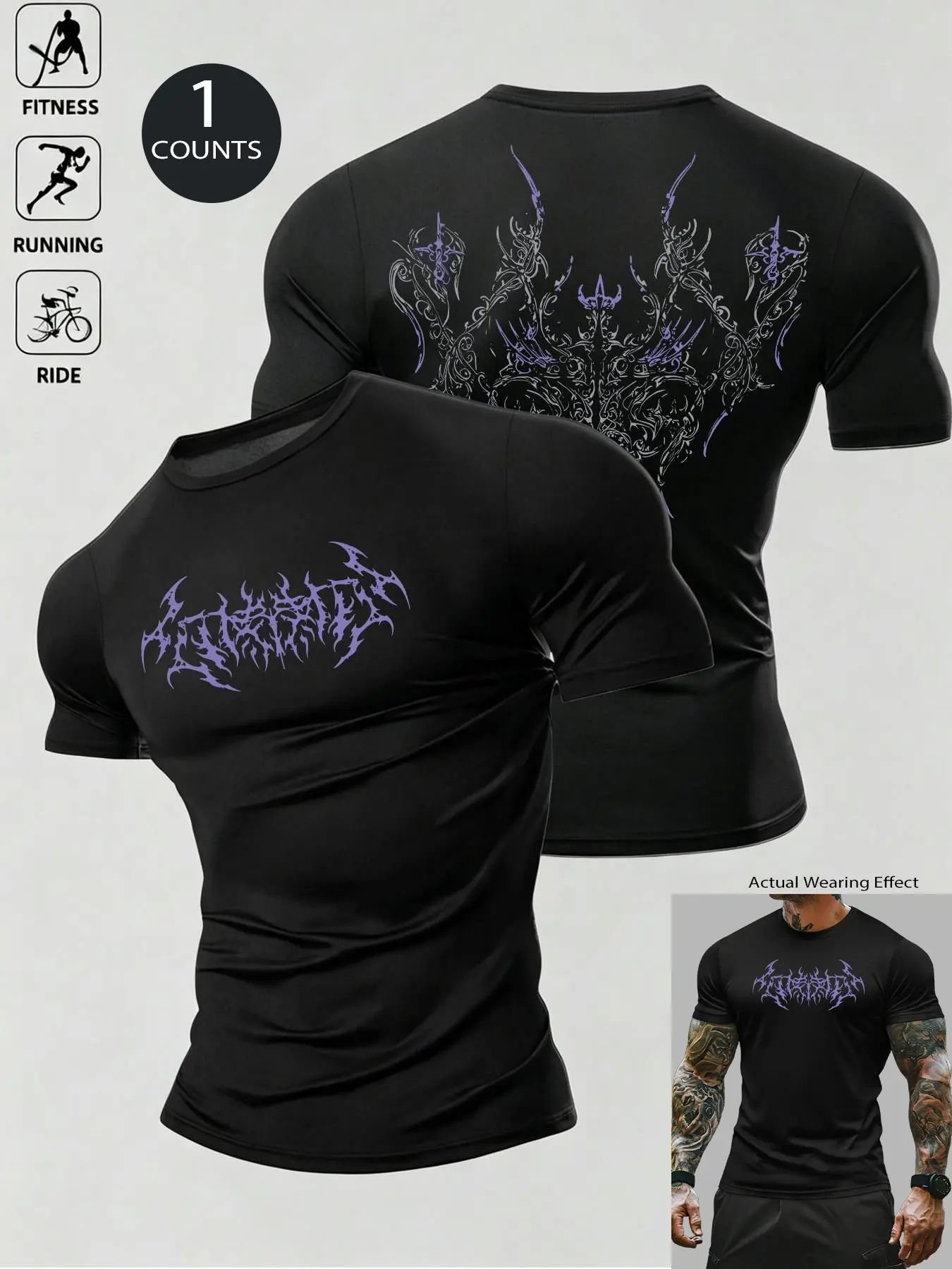 Men's Gothic Tribal Print Workout T-Shirt, Quick-Dry Breathable Gym Top, Dry Fit Activewear, Moisture-Wicking Slim-Fit Athletic Tee for Running, Cycling, Outdoor Sports, Streetwear Casual Athleisure Gym Wear, Activewear T Shirts