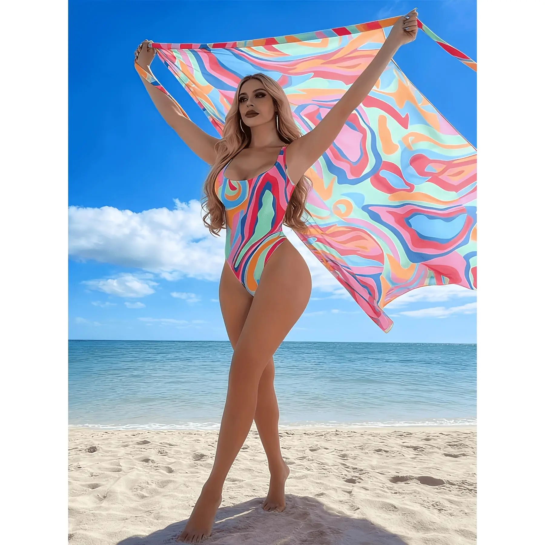 Women's 2-Piece Swimsuit Cover-Up Set - Abstract Print Bathing Suit, Beach Girl Aesthetic Flowy Sheer Wrap, Quick Dry, High Cut, Patterned Cover-Up for Resort Swim, Seaside Use