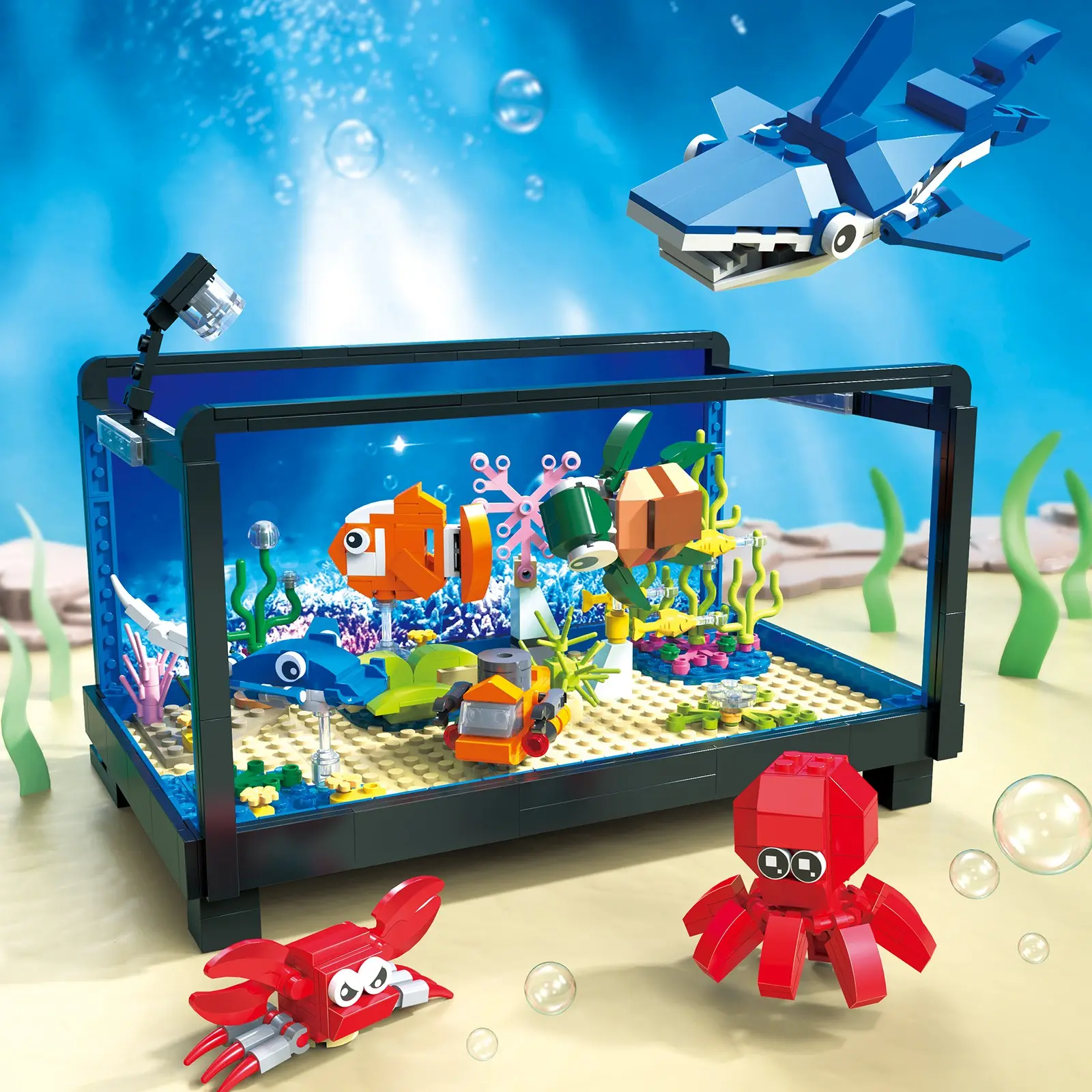 Aquarium Building Kit Yc101, Creative Ocean Block Toy Model, Fish Tank Display Set, Perfect for Boys and Kids, Educational Playset