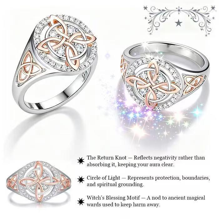 925 Sterling Silver Rose Gold Plated Celtic Knot Ring - Witch Knot Jewelry, Cubic Zirconia Decorated S925 Witches Knot Ring, Witchtok Pagan Jewelry
