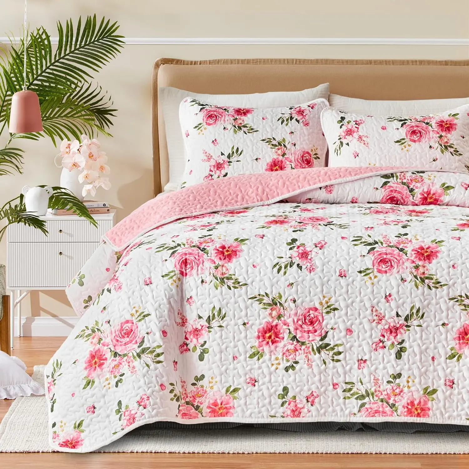 Floral Set 3 Pieces Queen Size White Pink Flower Soft Microfiber Lightweight Summer Reversible Coverlet Bedspread for All Season -1 88 * 88 + 2 Pillow Shams
