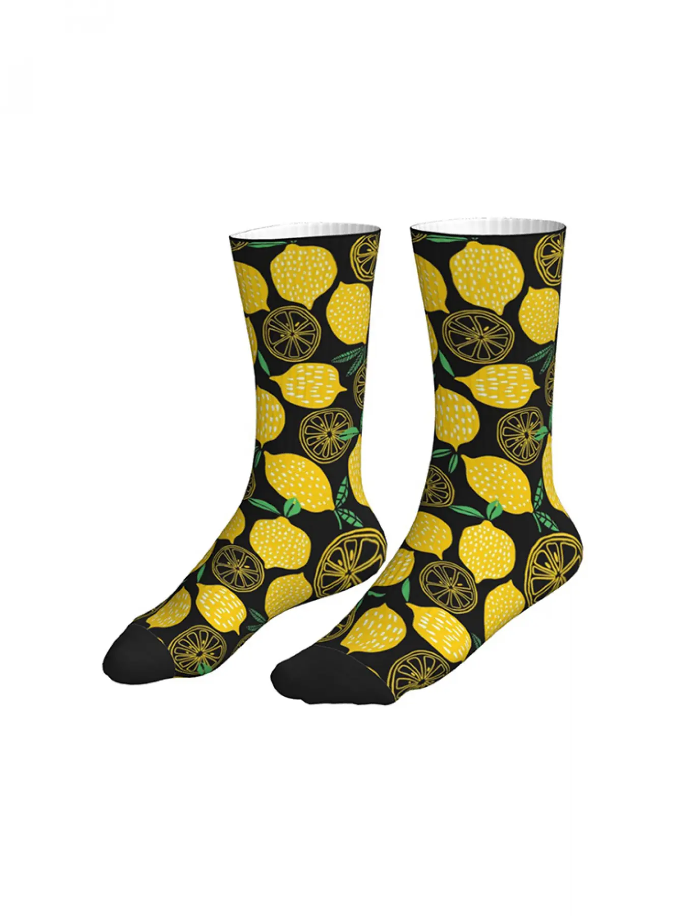 Black Base Lemon Print Crew Socks Cute Citrus Pattern Casual Socks