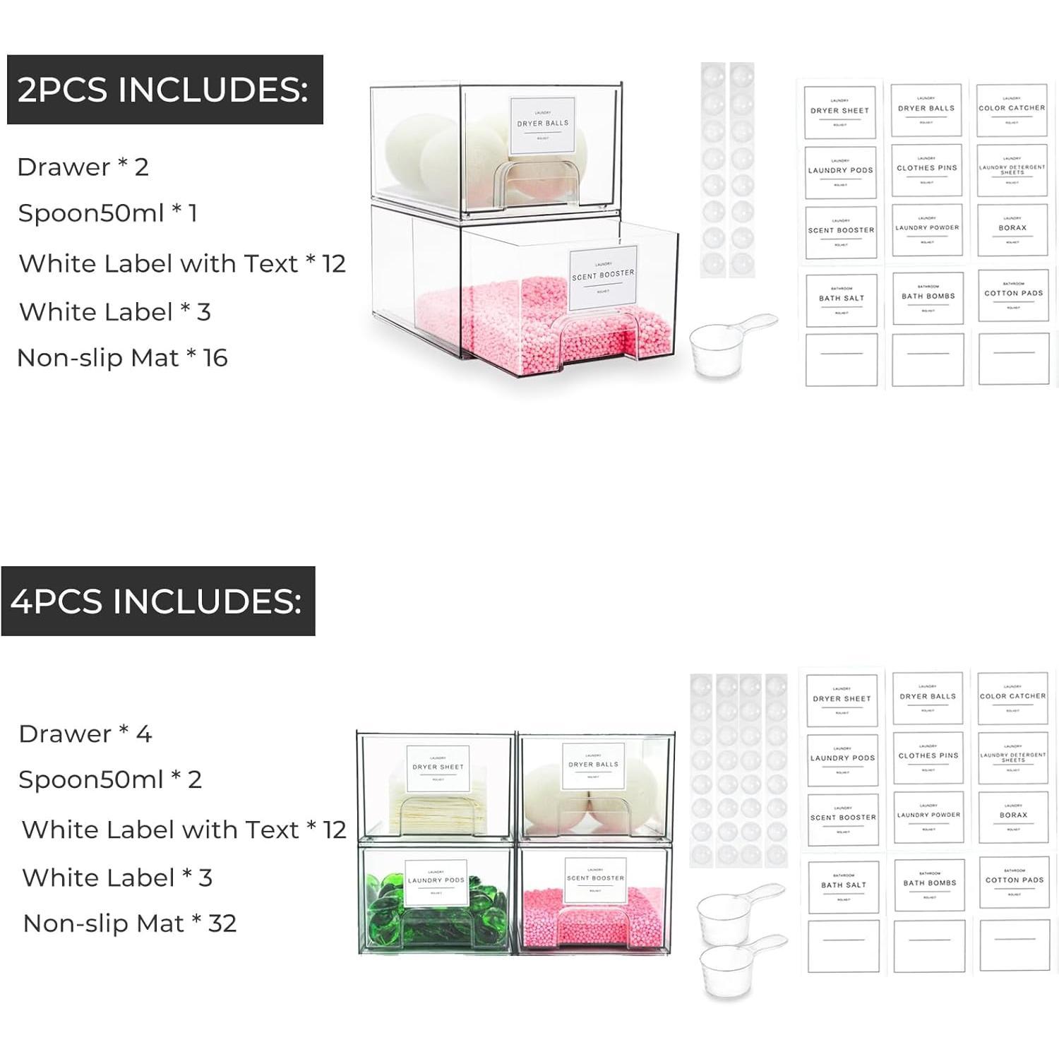 4 Pack Laundry Room Organization Storage Drawers with Labels, Clear Stackable Dryer Sheet Holder and Pod Containers, Detergent Dispenser for Laundry Room Organizing and Decor 4 Pack Laundry Room Organization Storage Drawers with Labels, Clear Stackable Dryer Sheet Holder and Pod Containers, Detergent Dispenser for Laundry Room Organizing and Decor