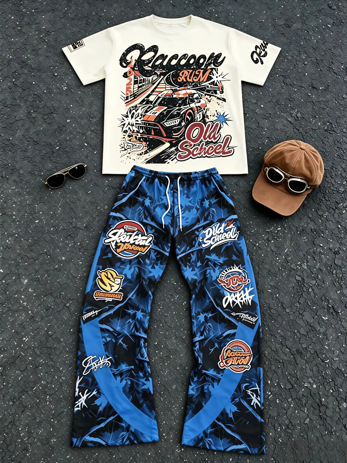 Old School Speedway Maple Leaf Badge Graffiti Full Graphic Matching Tracksuit, Lightweight Soft Stretch Breathable Smooth Wearable Outfit, Classic LA Automotive Retro Fashion Fit For Skateboard Downtown Daily Street Commute Scene