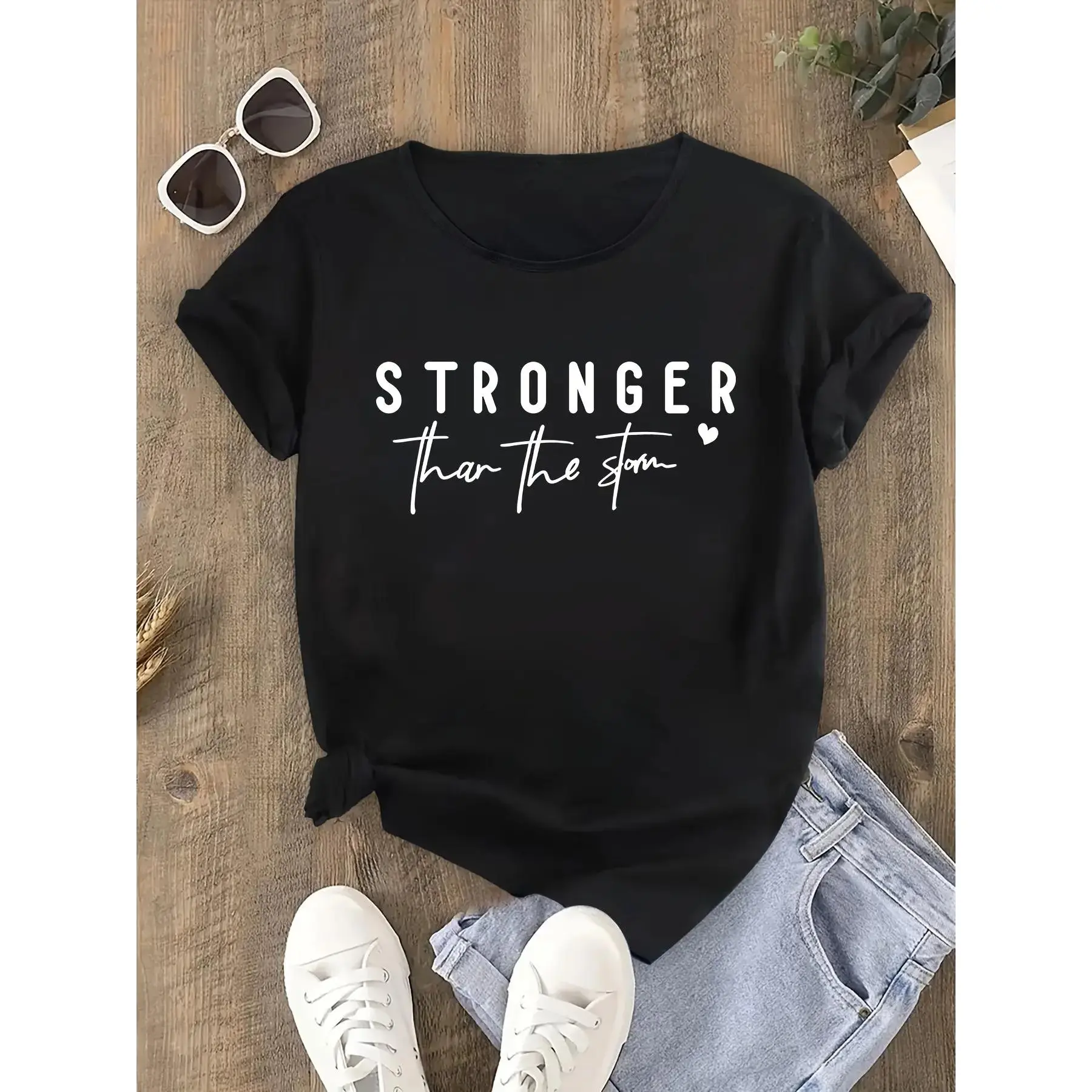 Women's  Inspirational Quote "Stronger Than the Storm" Casual Comfy Tee - Round Neck, Short Sleeve,  2026 New Women Empowerment Fitted Streetwear Top