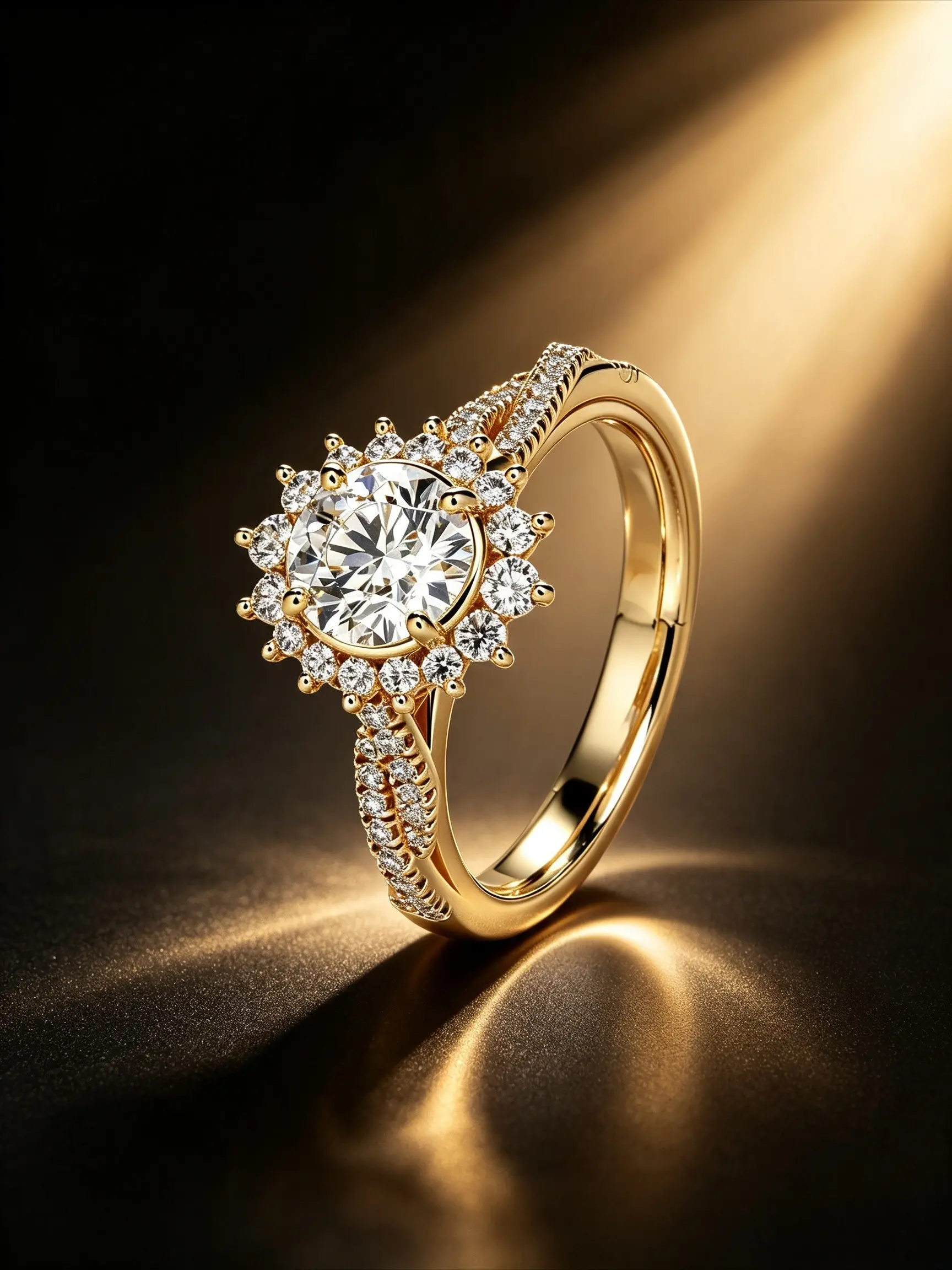 Gold Plated Sunflower Halo Bridal Ring Set Round Cut CZ Engagement Ring Matching Stack Band Vintage Wedding Ring For Women Banquet Travel Photoshoot Valentine Birthday Anniversary Holiday Gift For Ladies