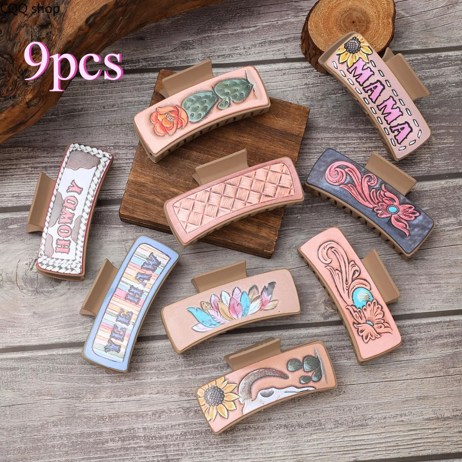 Western Alphabet Cactus Sunflower Faux Leather Hair Claw Clip, Boho Cowgirl Hair Accessories for Women Daily Styling, Outdoor Trip & Western Outfit Matching