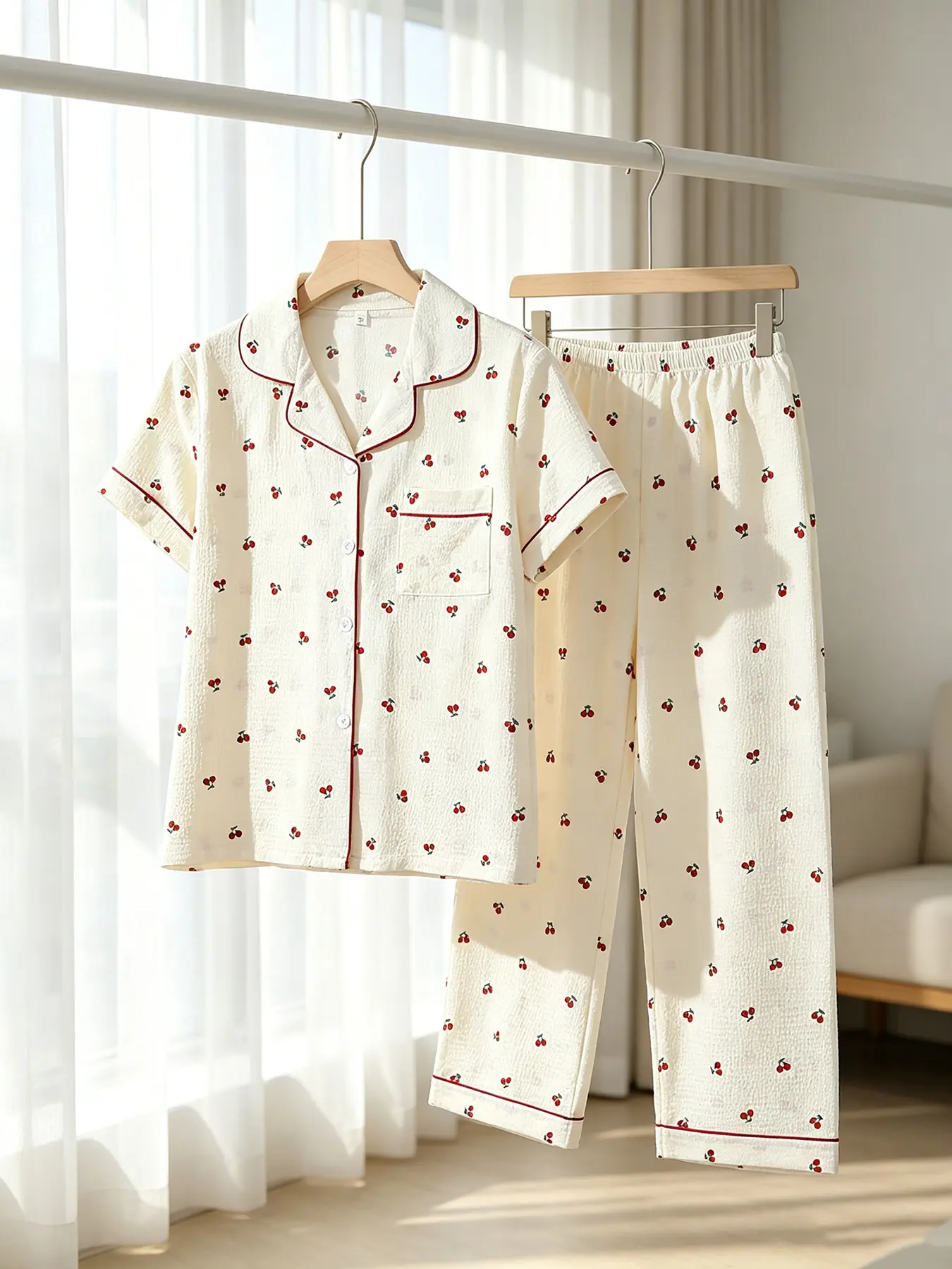 Women's Button-Down Short Sleeve Top & Long Pants Pajama Set, White Cherry Print, Classic Collar, All Season Wear, Loose Fit, Casual Lazy Day-to-Night Loungewear for Home & Casual Outings, Knitting Pajama Set