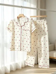 Women's Button-Down Short Sleeve Top & Long Pants Pajama Set, White Cherry Print, Classic Collar, All Season Wear, Loose Fit, Casual Lazy Day-to-Night Loungewear for Home & Casual Outings, Knitting Pajama Set