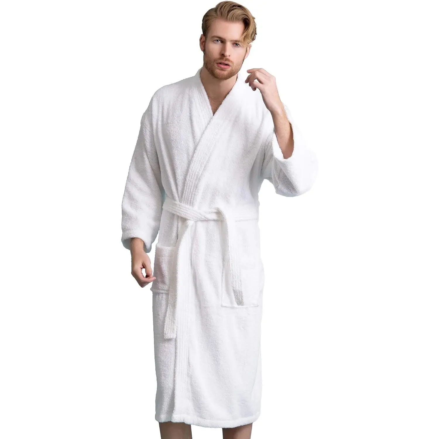 Men's Turkish Terry Kimono Style Bathrobe - 100% Cotton Robe for Men - Comfortable & Absorbent - Soft & Cozy Wear