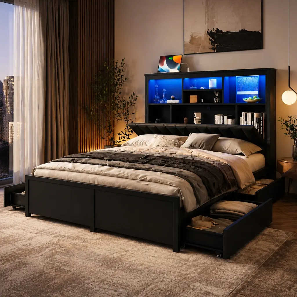 ARCH Queen Bed Frame with LED Lights, High Headboard Storage, USB Port Charging Station, 4 Drawers, 1200 lbs Capacity, 87.4"l x 61.4"w x 48.4"h, No Box Spring Needed, Noise-Free, Easy Assembly, Black USB Charging Bed Frames