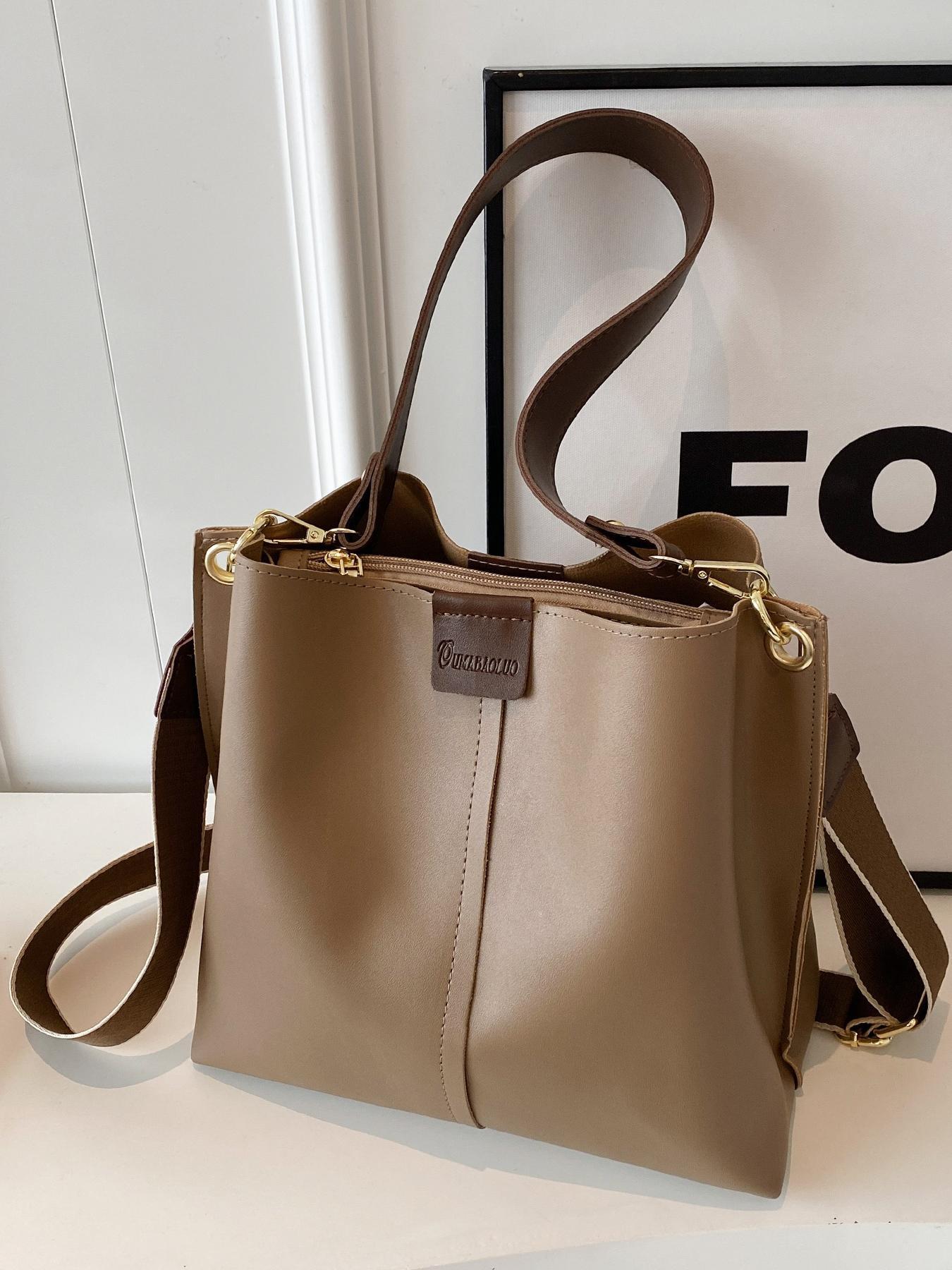 Women's Solid Color Patched Design Tote Bag, Fashionable Large Capacity Shoulder Purse for Work & Daily Used, Everyday Shoulder Bag, Casual Commuter Crossbody Bag for Women & Girls