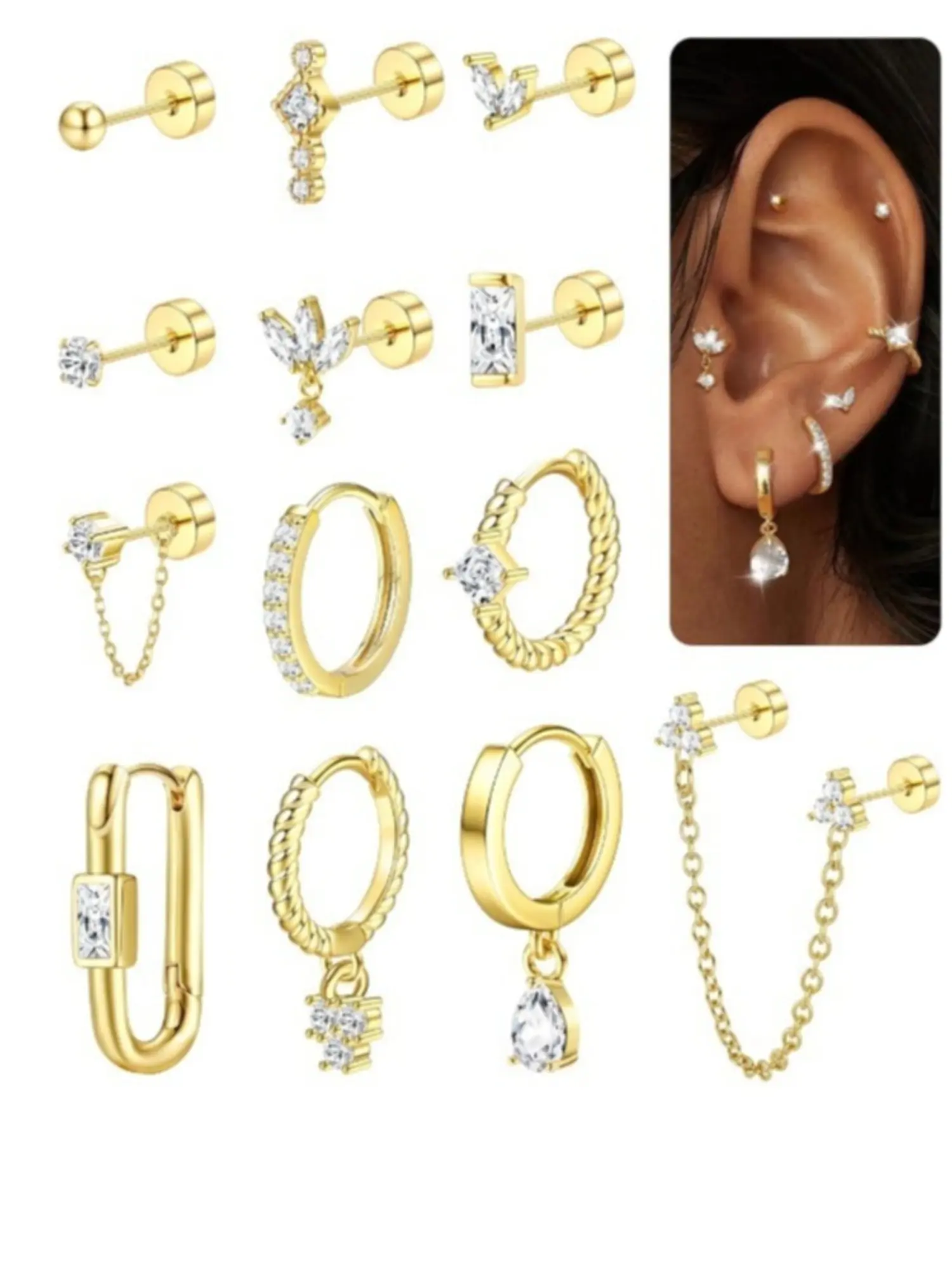 13Pcs Golden Earrings Set for Multiple Piercings Women Flat Back Silvery Cartilage Helix Small Stud Hoop Stainless Steel Huggie Green CZ Earrings