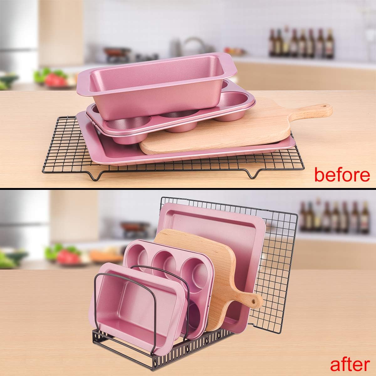 10+ Bakeware Organizer Rack for Kitchen Bakeware, Cookware, Dinnerware,  Boards, Plates, Pot and Pan  (Brown)