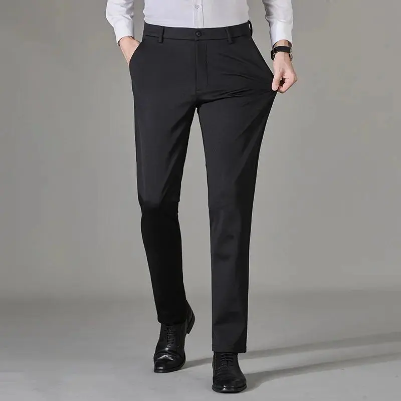 Men's Business Casual Straight-Leg Draped Cropped Pants - No-Iron, Thin, Trendy Style for Spring Summer Formal Wear Plain Classic Belt Breathable