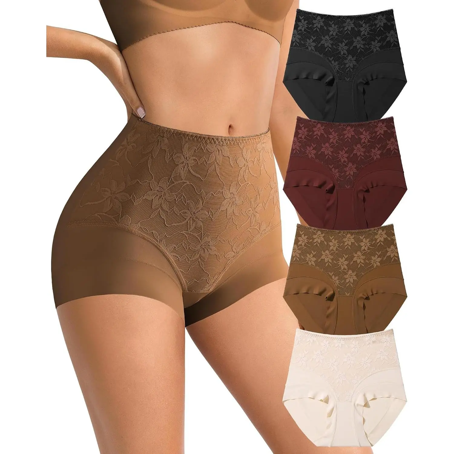 High Waisted Underwear for Women Seamless  Underwear No Show Lace Maternity Panties Breathable Briefs 4 Pack