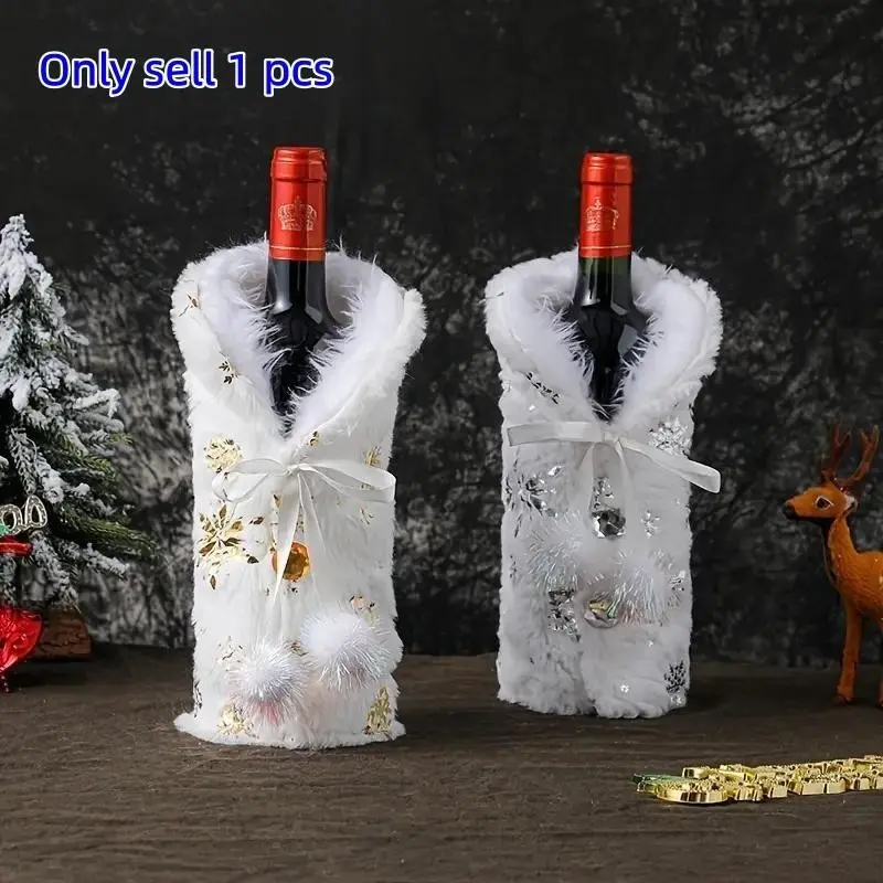 Christmas Party Wine Bottle Sleeve, Gold and Silver Color Snowflake Fuzzy Decor, Festive Table Decoration, Party Bottles Decor