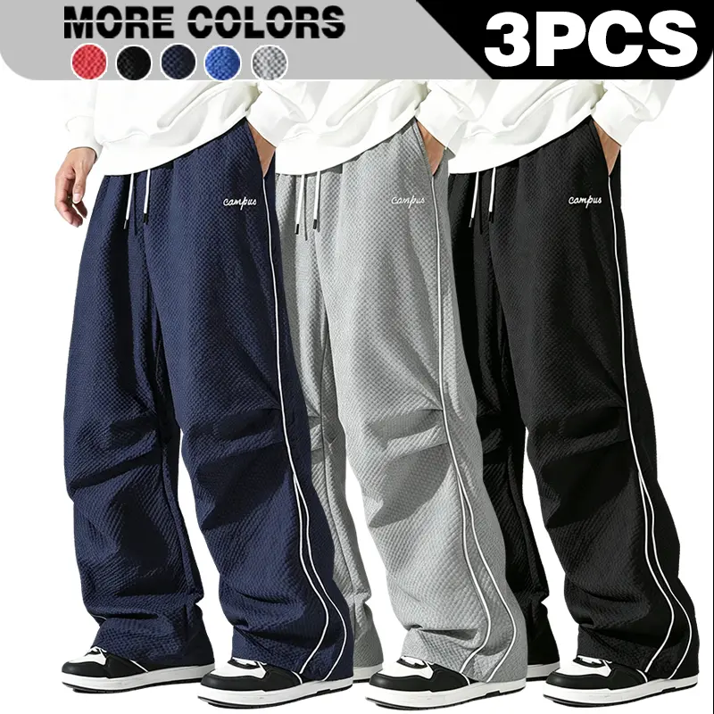 Summer breathable Waffle sport sweatpants men's drawstring waist pleated wide leg pants campus versatile striped pants