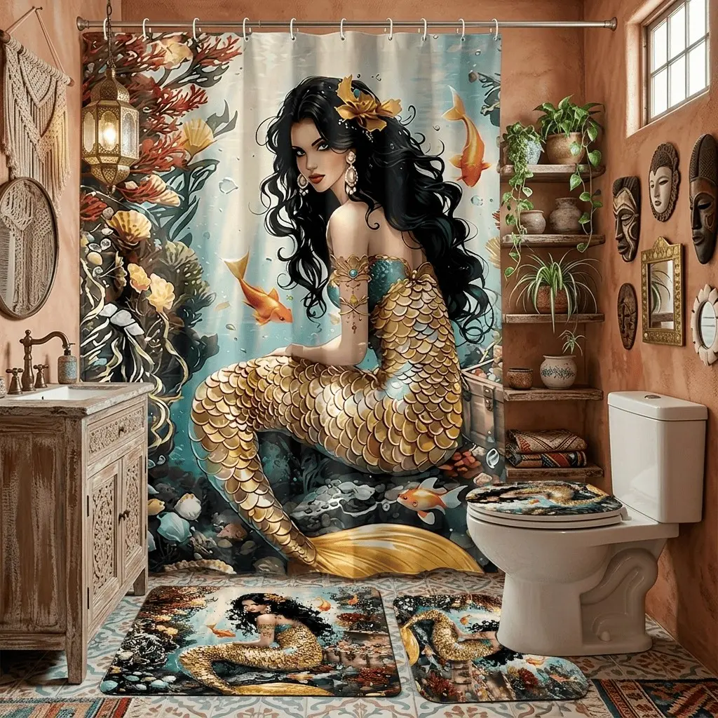 4pcs Vintage Boho-Style Mermaid Shower Curtain Sets & Bath Mats, Thick Soft Terracotta, Mermaids, Boho Shower Curtains for Bathroom, Print, Perfect for Bathroom Decor