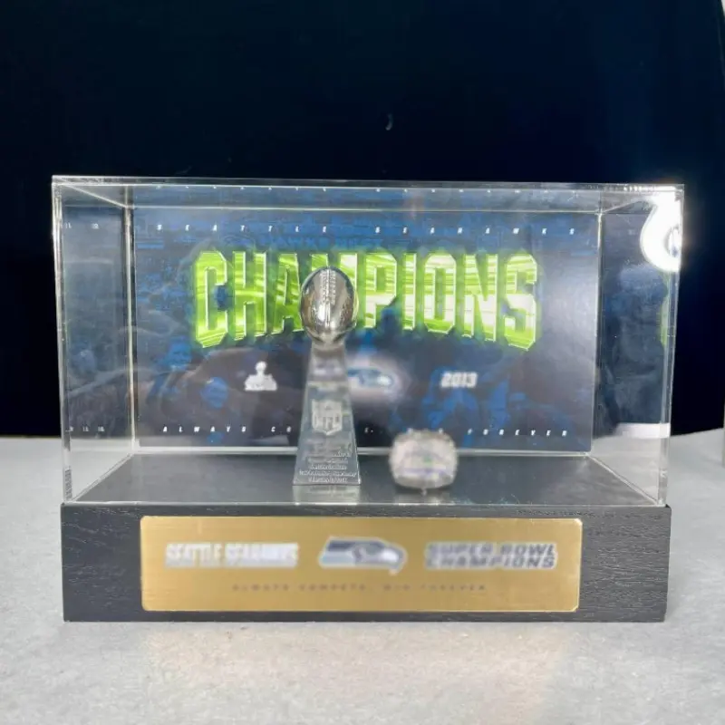 Seattle Classic Blue Seahawks Trophy Cup Ring Set, Acrylic Dust-Proof Preservation Box, High-End Sports Collectible, Bookshelf Eye-Catcher