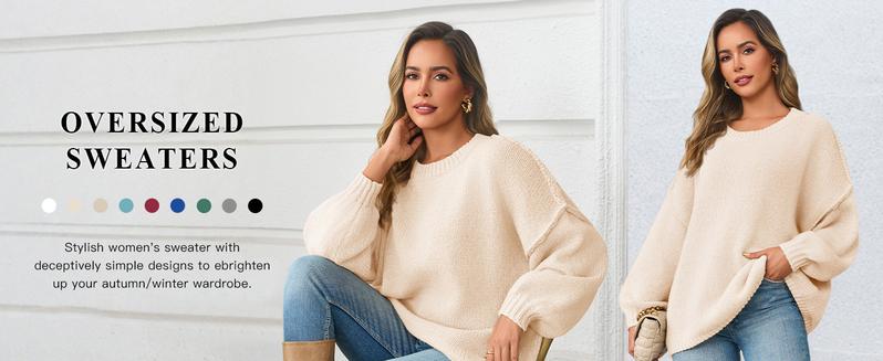 Saodimallsu Womens Oversized Sweater Chunky Crew Neck Long Lantern Sleeve Knit Fall Trendy Tunic Sweaters Top Beige Knitwear