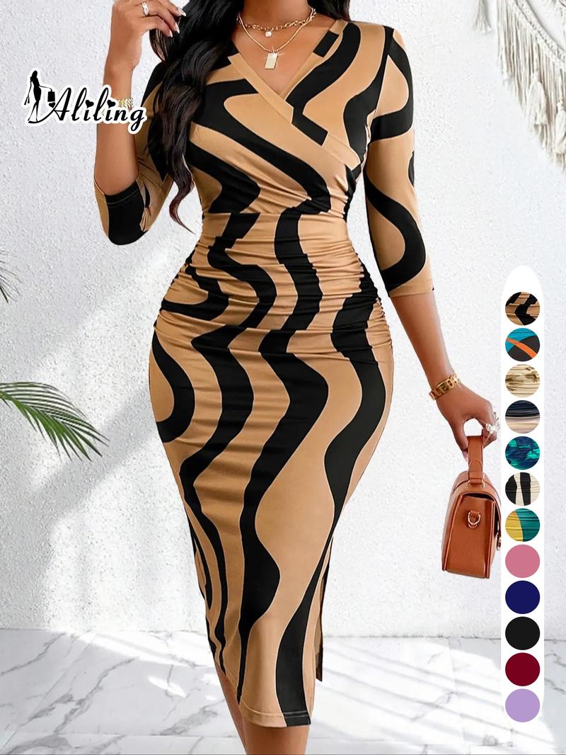Aliling Women's Dress Valentine's Day Women's Clothing Summer Thin Elegant Midi V-Neck Half Sleeve Geometric Print Ruched Slim-Fitting Dress