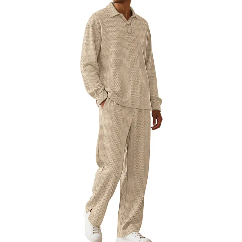 Men's 2-Piece Polyester Tracksuit - Solid Jacquard Texture, Lapel Collar Button-Front Long-Sleeve Polo Top, Long Pants, Casual Sports Matching Outfit, Machine Washable, Medium Length