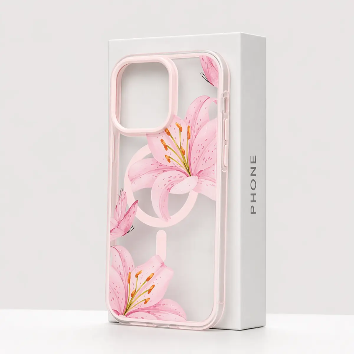 Pink Lilies Magnetic Silicone Phone Case for iPhone 17/16/15/14/13/12 Pro - Fashionable Pattern, Transparent, Ultra-Thin, Shockproof Cellphone Casing - Christmas Gift for Handheld Devices, Mobile Phone Accessories, Protection