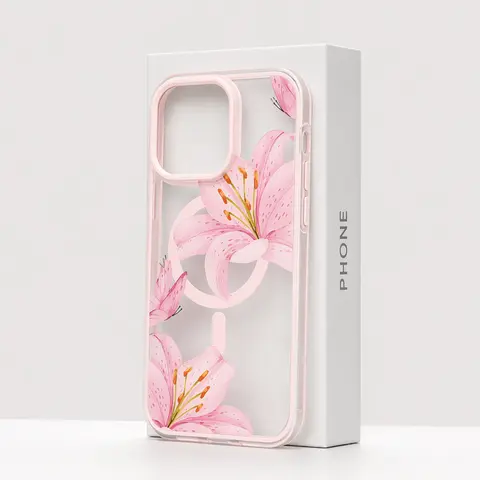 Pink Lilies Soft Magnetic Silicone Smartphone Casing - Multi-Model for iPhone 18,17,16,15,14,13,12 Pro, Transparent Base, Flower Pattern, Ultra-Thin, Shockproof, Christmas Gift Cellphone Protection Accessory for Devices