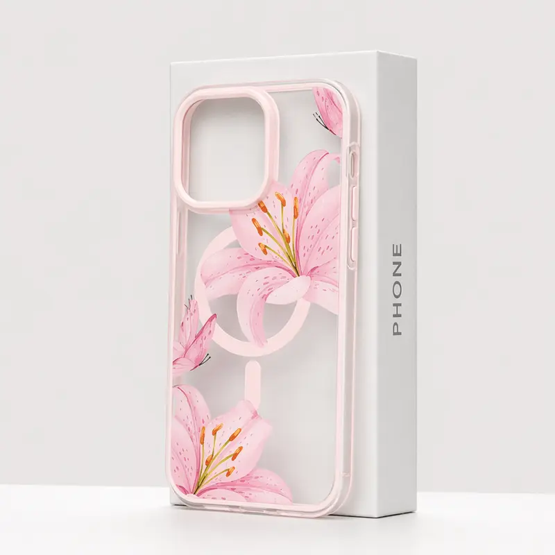 Pink Lilies Soft Magnetic Silicone Smartphone Casing - Multi-Model for iPhone 18,17,16,15,14,13,12 Pro, Transparent Base, Flower Pattern, Ultra-Thin, Shockproof, Christmas Gift Cellphone Protection Accessory for Devices