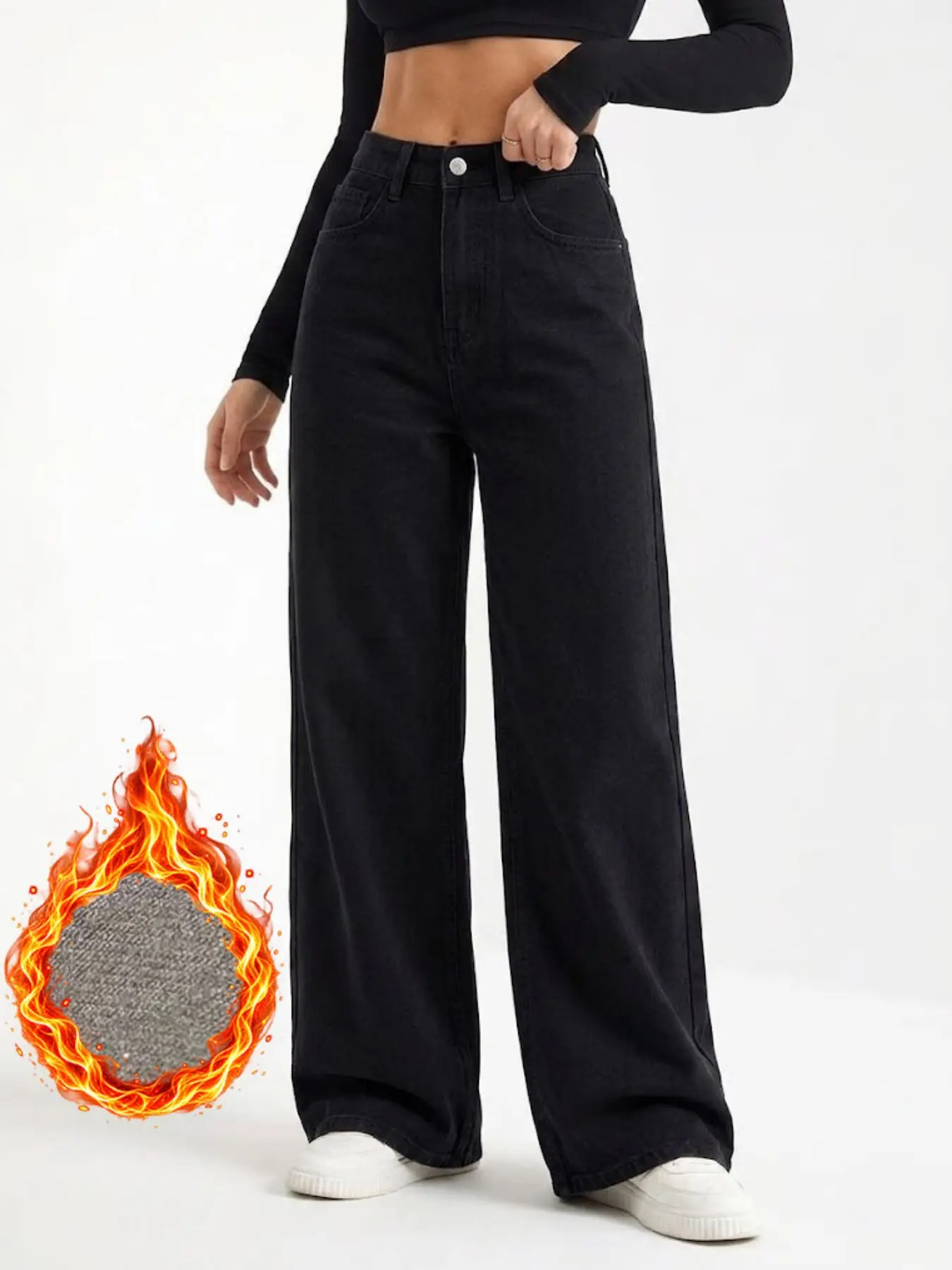 Women’s High Waisted Fleece Lined Wide Leg Jeans, Warm Thick Denim Pants for Fall & Winter, Relaxed Fit Casual Jeans for Daily Wear, Work and Travel
