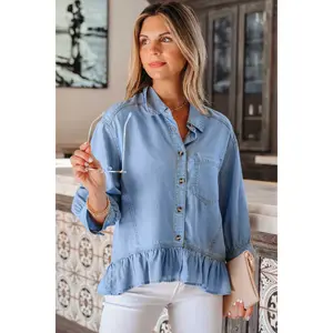 Beau Blue Half Sleeve Button Down Ruffled High Low Chambray Shirt