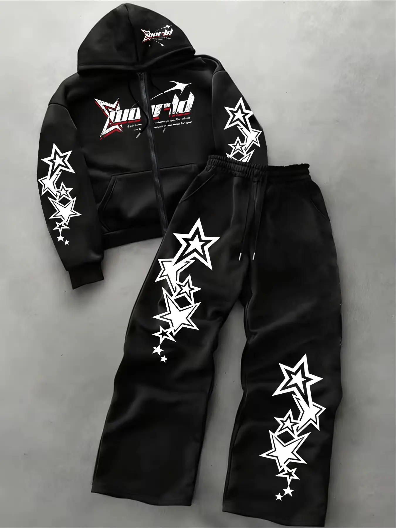 Men's Y2K Casual Graphic Two Piece Set Suit, Loose-Fitting Hooded Zipper Jacket + Outdoor Drawstring Pants, Fall & Winter Fashion Set