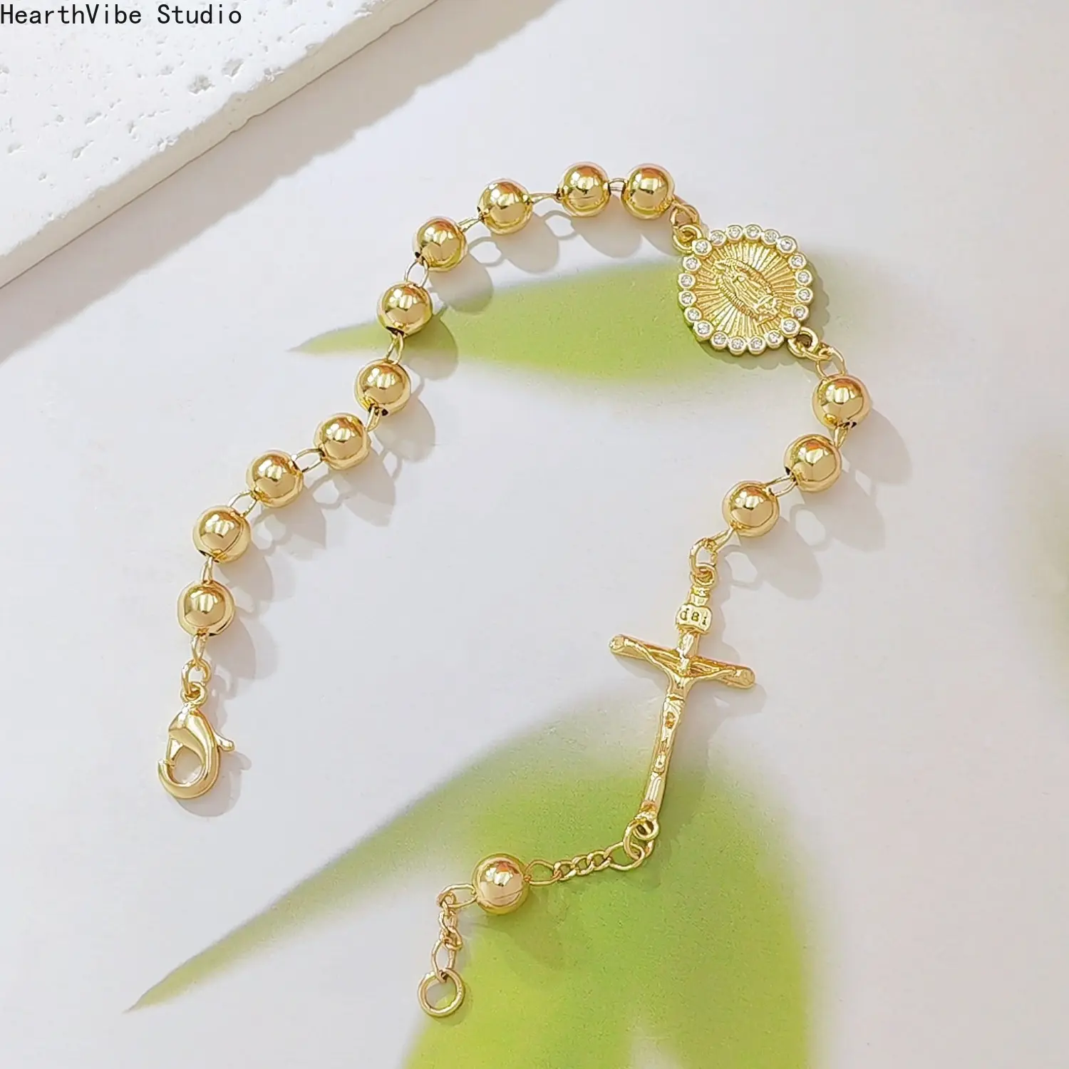 18K Gold Plated Rosary Bracelet Catholic Virgin Mary Medallion Crucifix Cross Pendant Smooth Bead Chain Blessing Jewelry Gift for Women