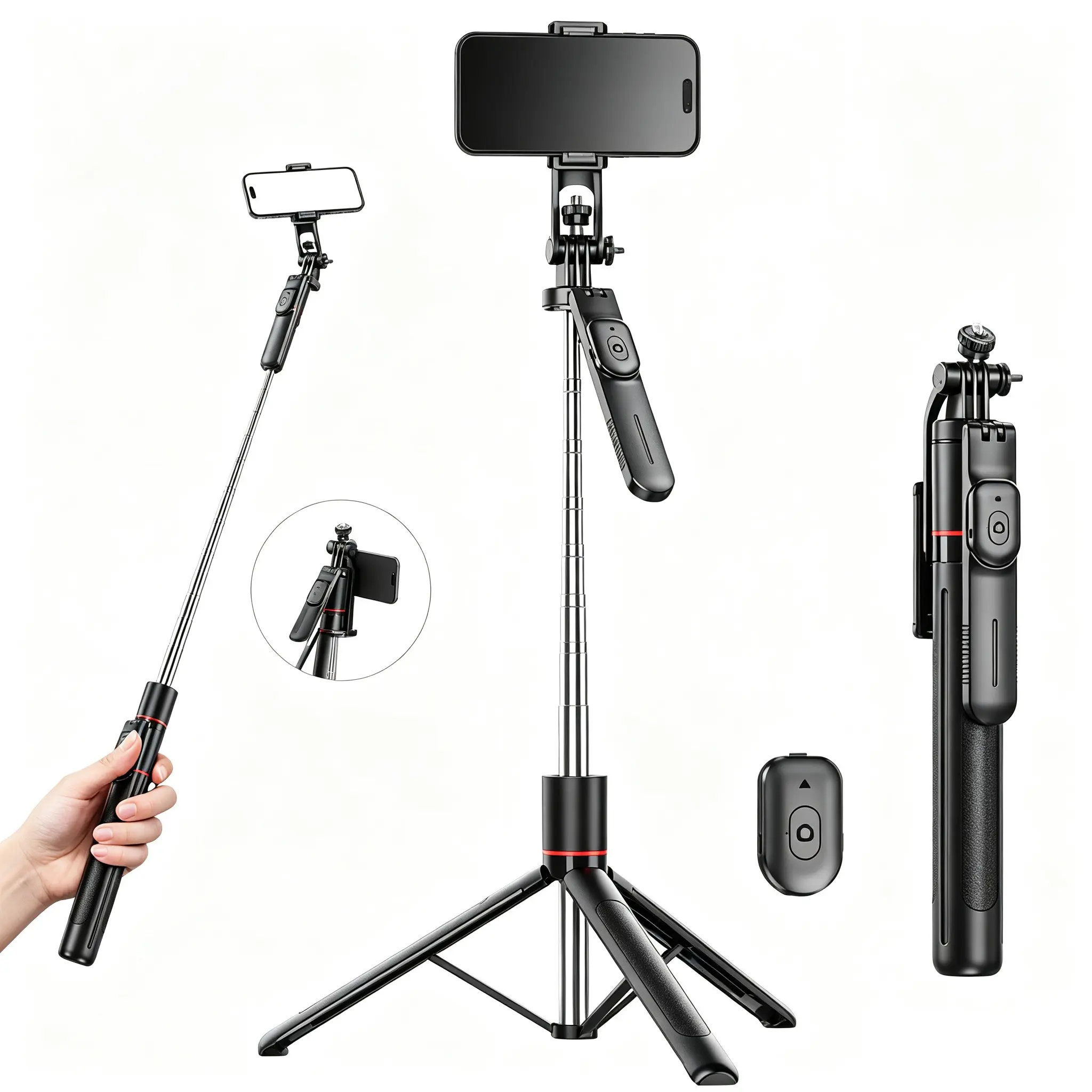 67 inch mobile phone tripod and selfie stick, integrated expandable mobile phone tripod with wireless remote control, tripod stand suitable for 360 ° rotation of iPhone and travel selfie stick, compatible with iPhone Android, camera
