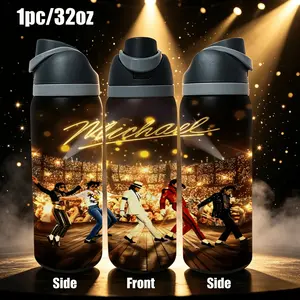 1pc 32oz Michael Jackson King of Pop Concert Stage Stainless Steel Insulation Water Bottle,  Bounce Lid Tumbler with Portable Carry Handle, MJ Fan Outdoor Sports Gift,(20oz Straw Straight-Drinkable Cup),outdoor, camping, commuting, and attending concerts