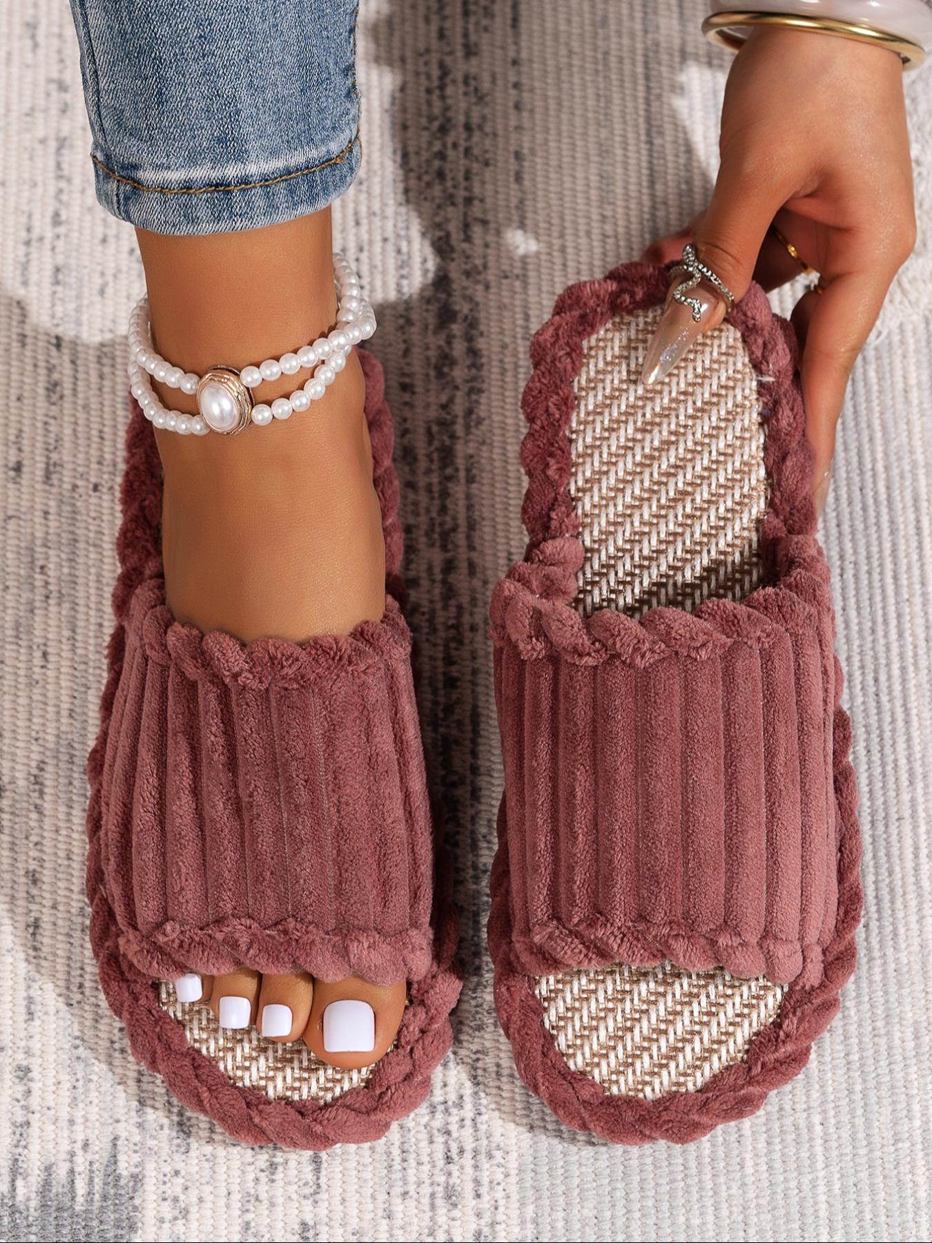 Women's Solid Color Fluffy Plush Slides, Casual Soft Comfortable Home Slippers, Warm Slippers for Indoor & Outdoor Use for Fall & Winter, Walking Shoes, Affordable Slippers