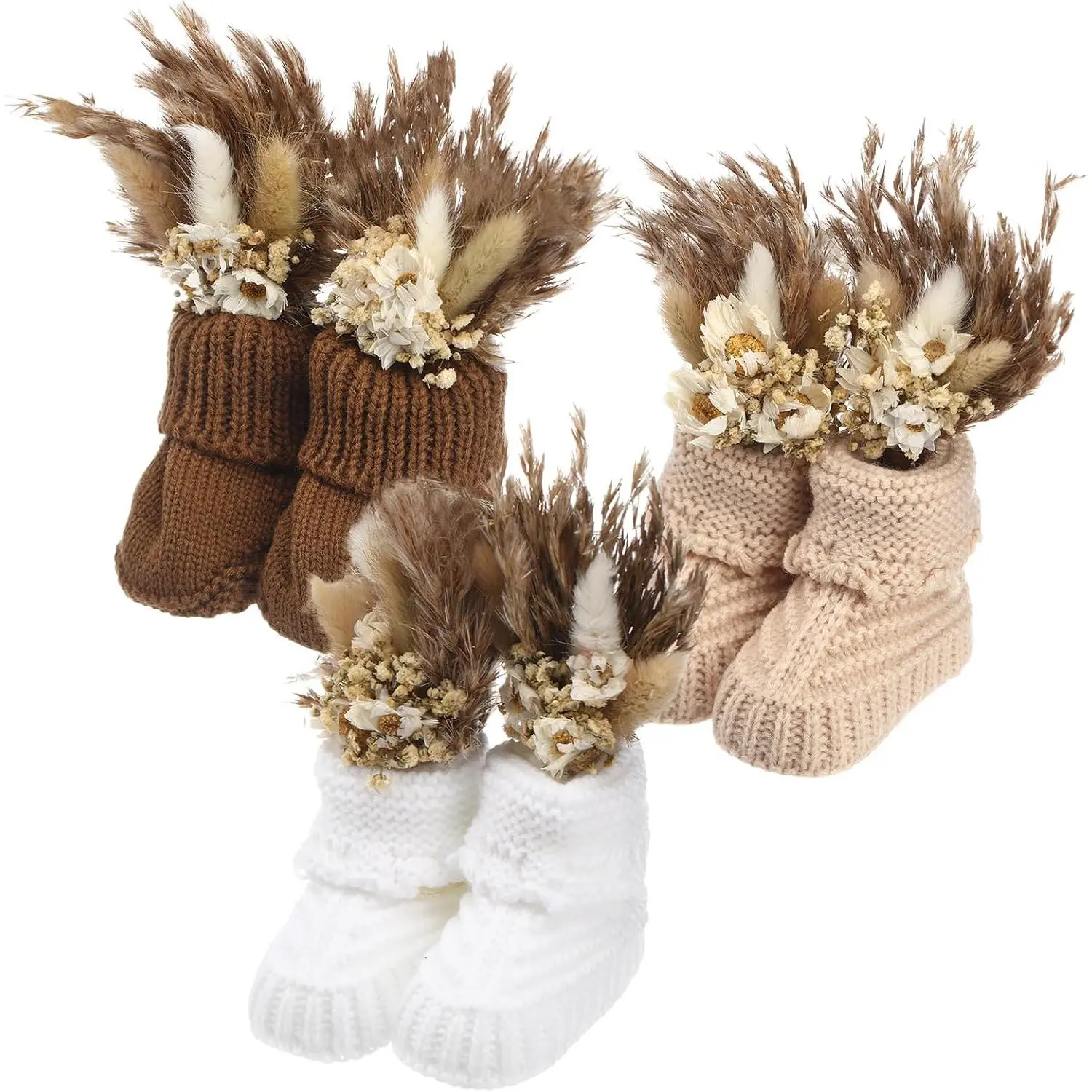 3 Set Baby Shower Table Decorations Crochet Knitted Baby Booties Bulk with Dried Pampas Grass Bouquet Boho Table Centerpieces Gender Reveal Party Decor