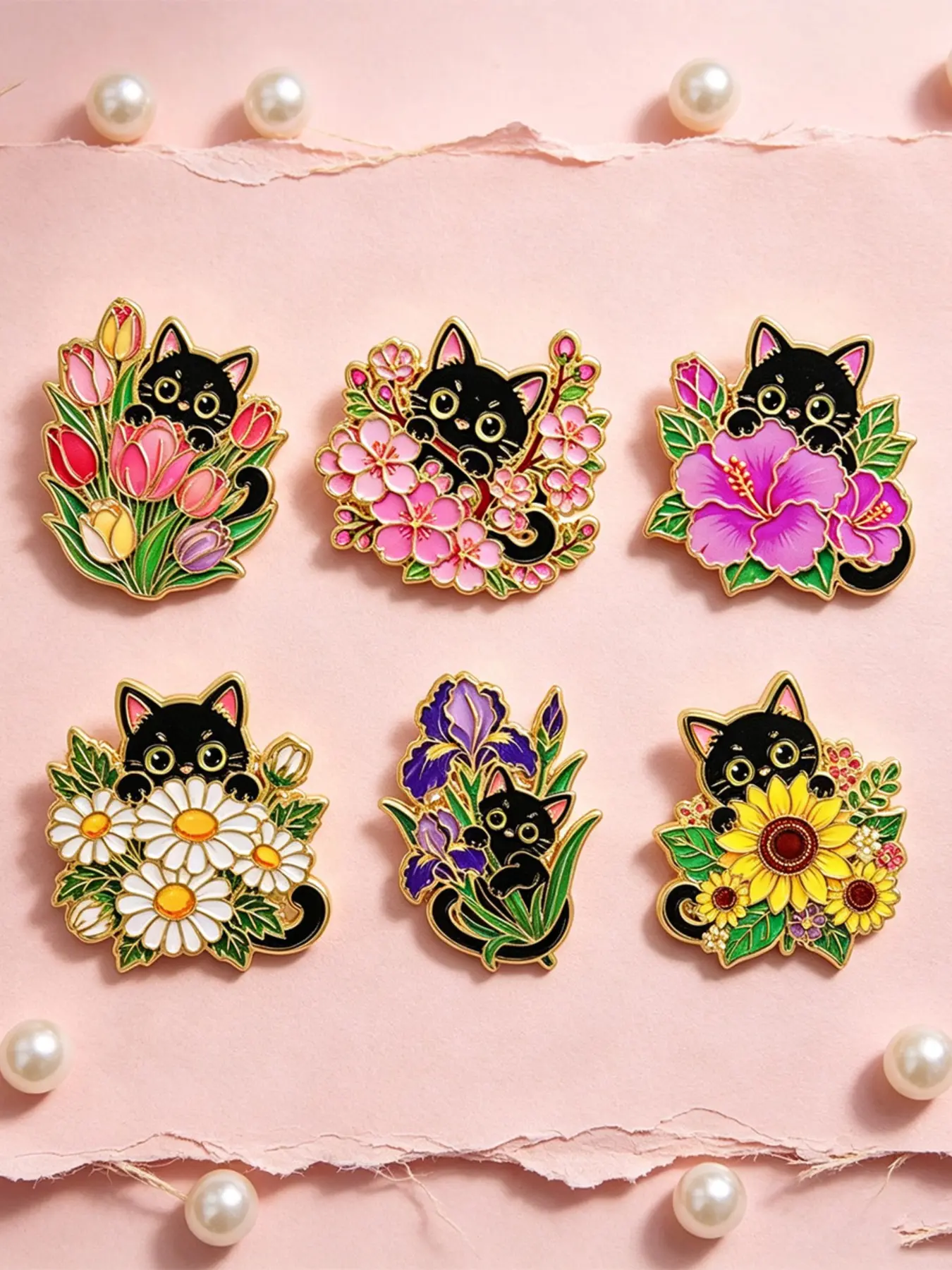 6pcs/set Floral Black Cat Pins, Cute Animal Print Badges, Fashion Cartoon Accessories for Briefcases, Jackets, Hats, All Seasons