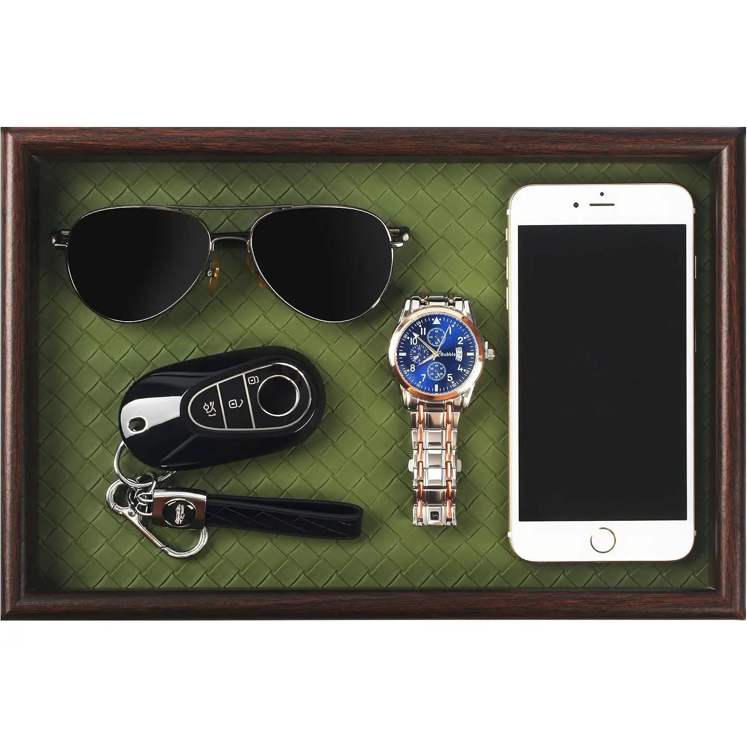 Wooden Valet Tray with Leather Base - Nightstand Catchall Organizer for Cologne, Perfume, , Wallet, Phone, Watch,  & Sunglasses (Green)
