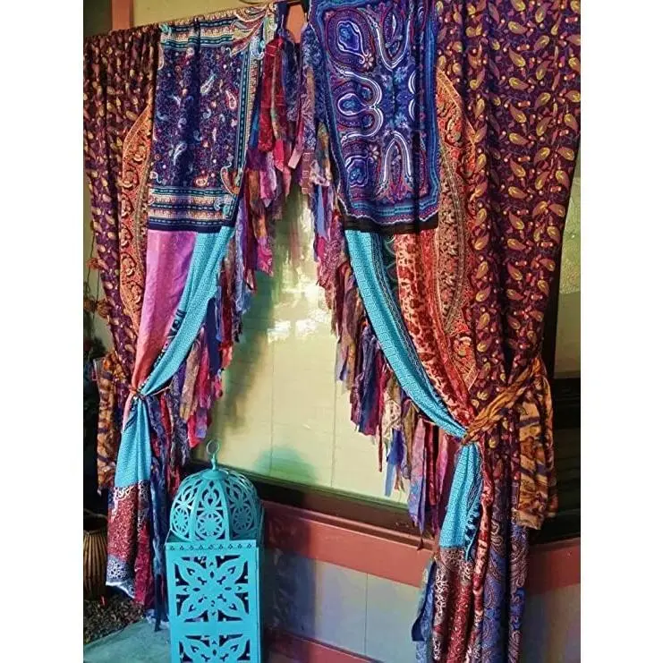 2 PCS Old Silk Sari Curtain - Indian 210x105cm Assorted Colors Hand Washed Boho Window Treatments, Bohemia Hanging Decor for Home Wall Room Decor