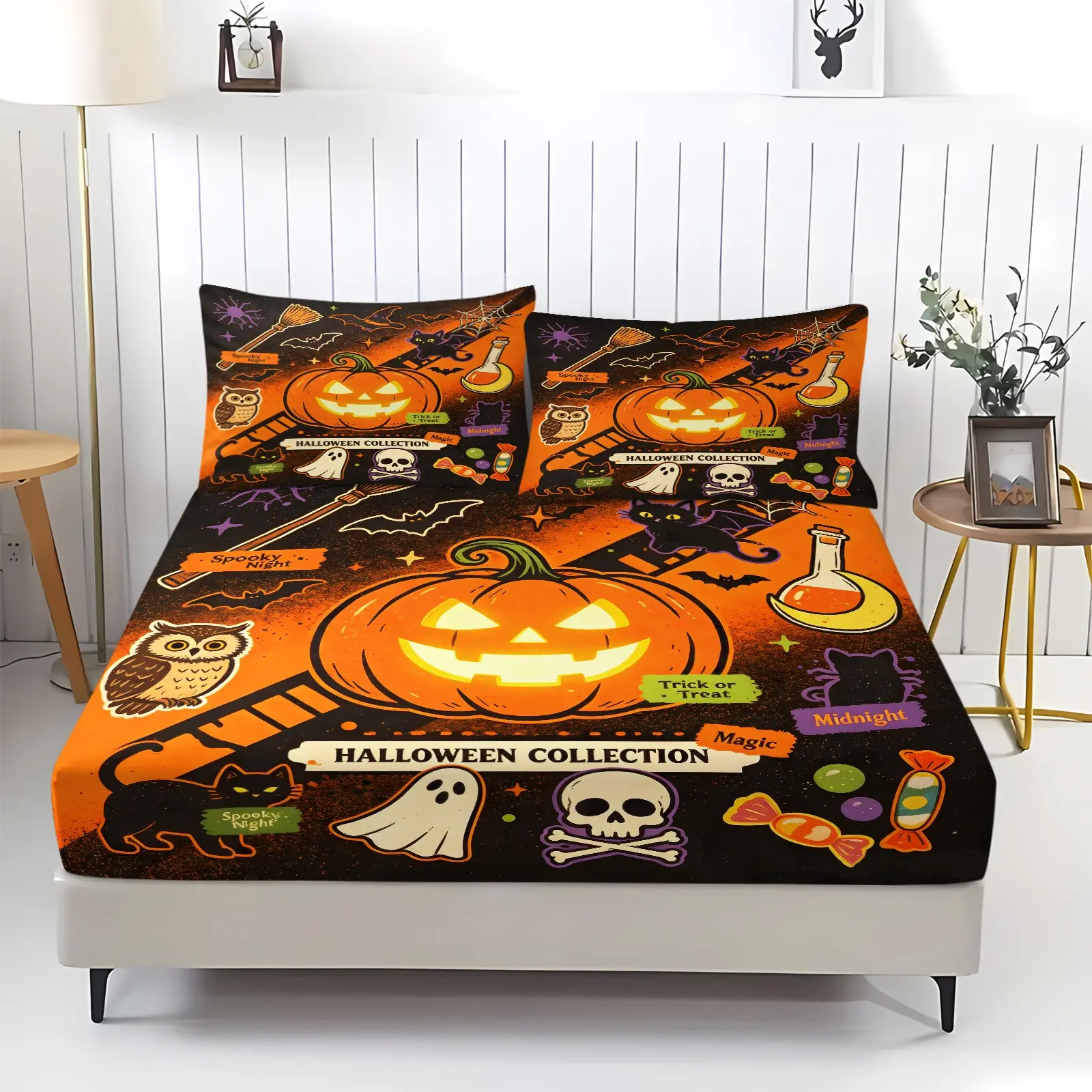 Halloween Fitted Sheet Set, Bed sheet set with Pumpkin Ghost Skull Black Cat Owl Bat Candy Digital Print, 360° Elastic Deep Pocket Bedding, Includes 2 Pillowcases - without Core