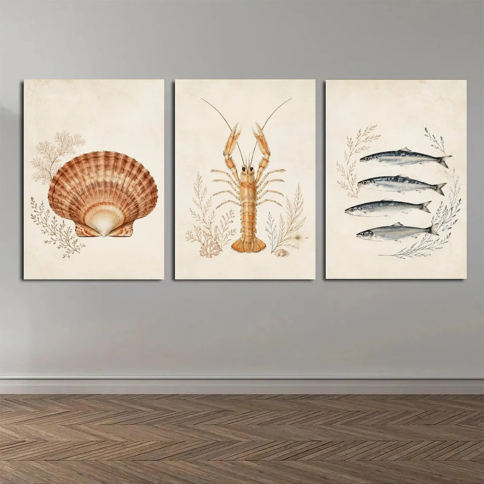 3Pcs Vintage Marine Creature Canvas Decor Poster Prints, Antique Seashell Lobster Fish Botanical Wall Art, Coastal Kitchen Bathroom Living Room Farmhouse Decor, Available as Unframed Canvas Poster or Framed Canvas Wrap