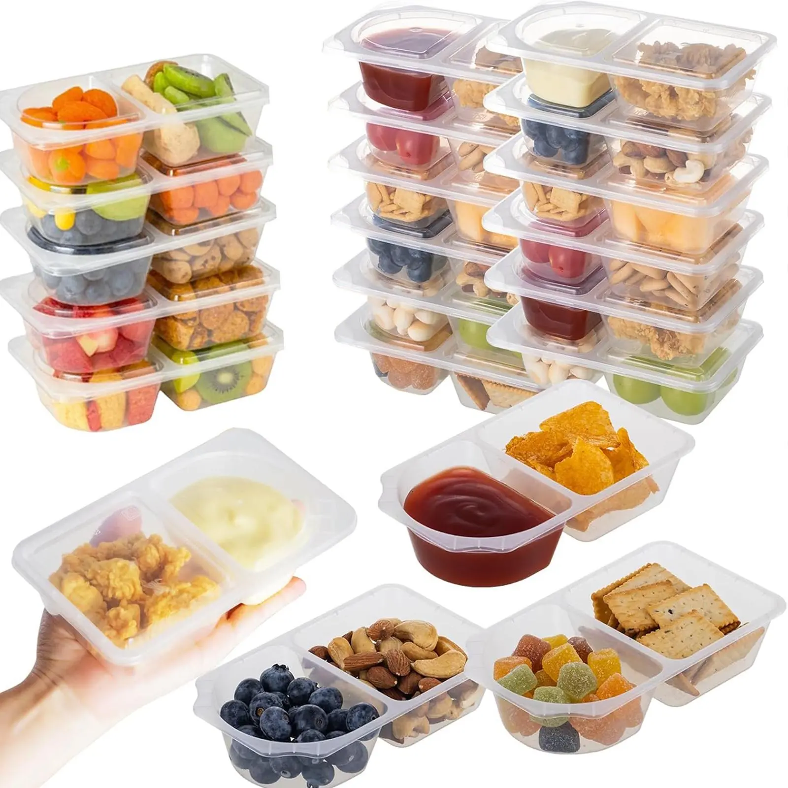 40 sets Reusable Snack Containers 2 Compartment Condiment Container With Lids Snackle Box Container Portion Control for Refrigeration Sauce,OutdoorTakeaway, Travel
