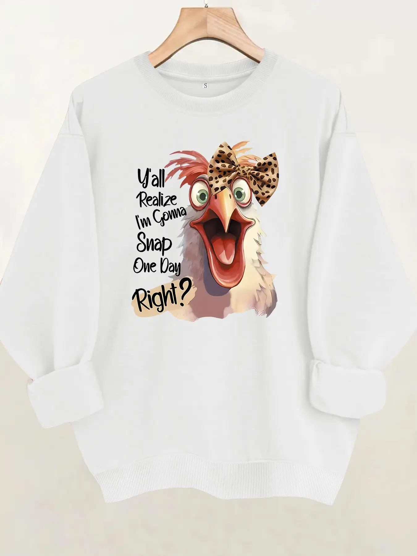 Women's Funny Chicken Thanksgiving Print Round Neck Fleece Sweatshirt, Casual Long Sleeve Top, All-Season Comfort
